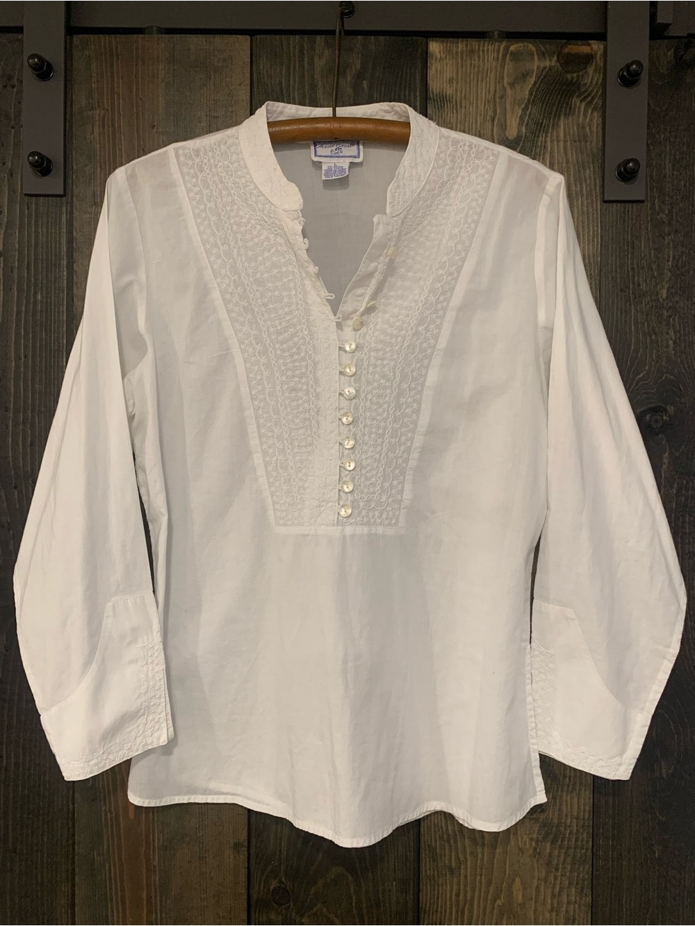 April Cornell Embroidered Mandarin Collar White Cotton Tunic Large